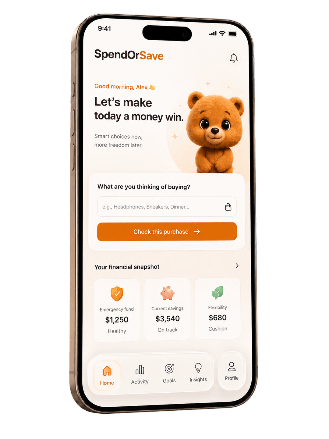 SpendOrSave app showing a purchase check on the home screen